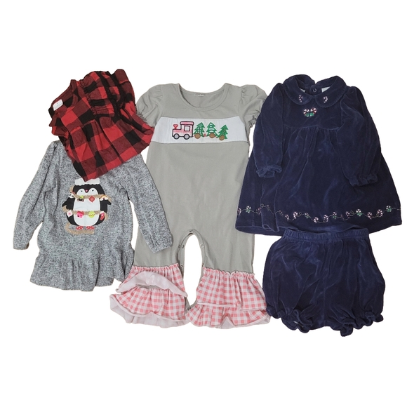 Toddler Girls Christmas Outfit Bundle Sz 24 Months 2T Buffalo Plaid Blue Velvet - Picture 1 of 16